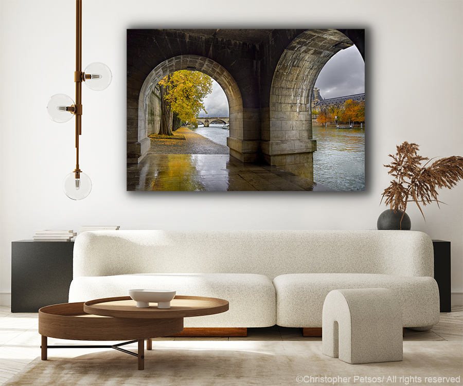 The Seine on a rainy Sunday morning with Autumn leaves and water reflections